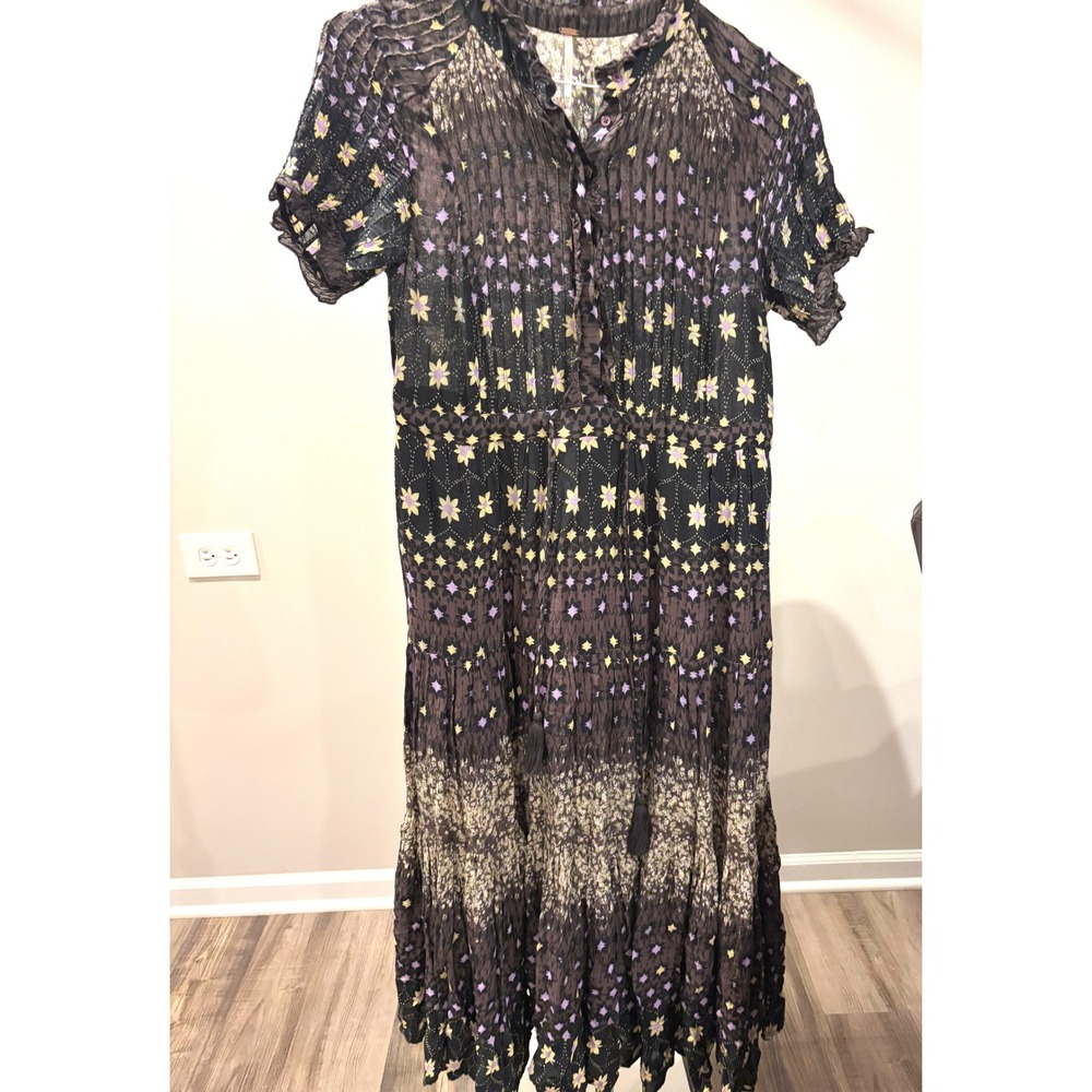 Whimsigoth Witchy Goth Free People Rare Feeling Pleated Tiered Maxi Dress Black